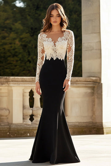 Fourreau en dentelle satinée col V Robe noire mère de la mariée à manches longues